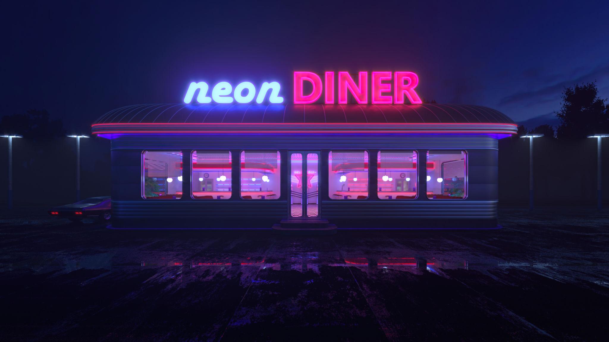 Petite ville américaine la nuit, rue principale avec lampadaires et enseigne de diner