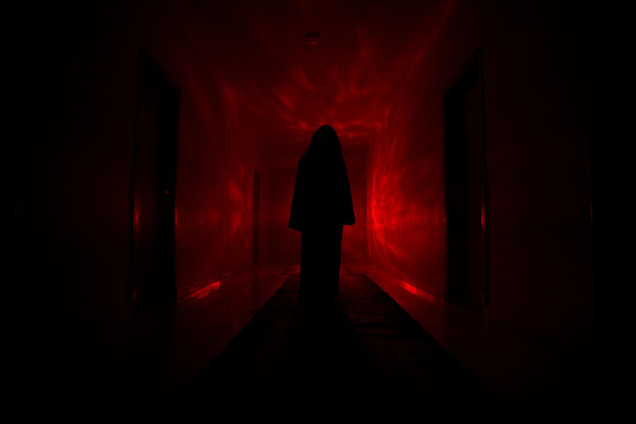 Silhouette sombre et menaçante dans un couloir envahi de racines
